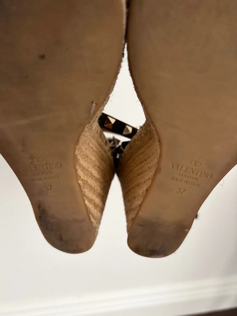 Valentino Garavani Black Leather Studded Espadrille Wedges